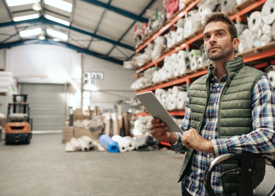 a warehouse manager looking over their stock